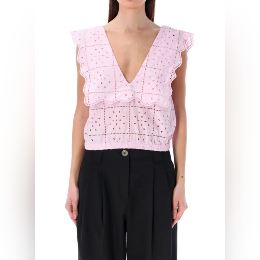 Ganni Broderie Anglaise Rhythm Collar Top Pink Size 40/US 8